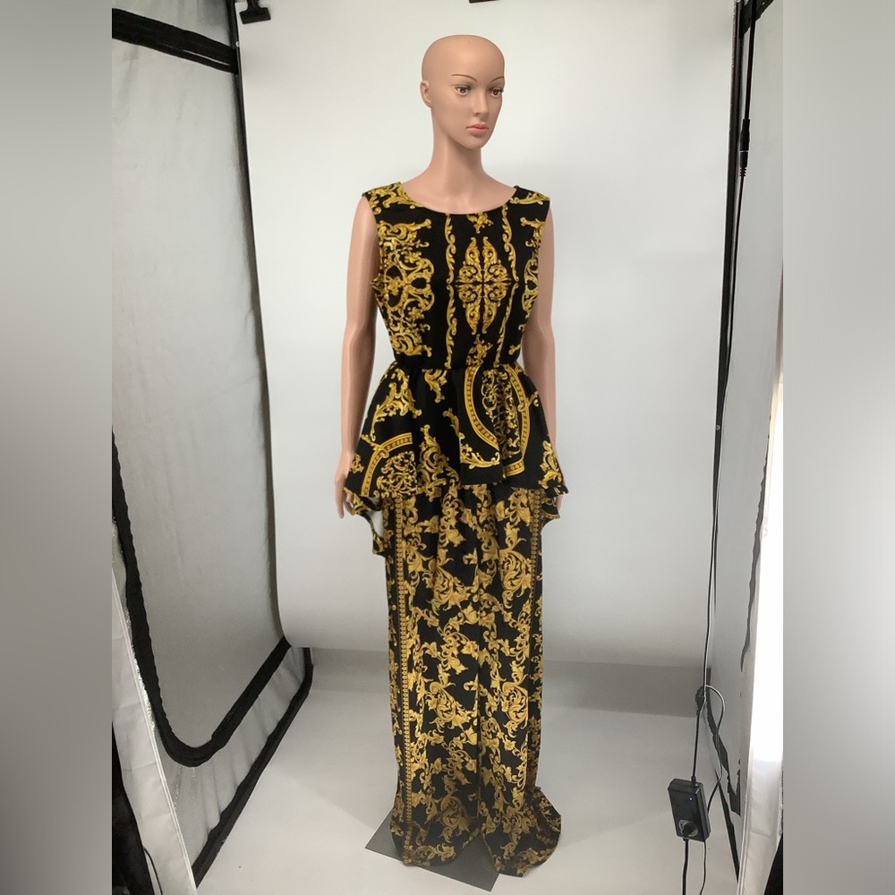 Elegant Black and Gold Peplum Two Piece Set